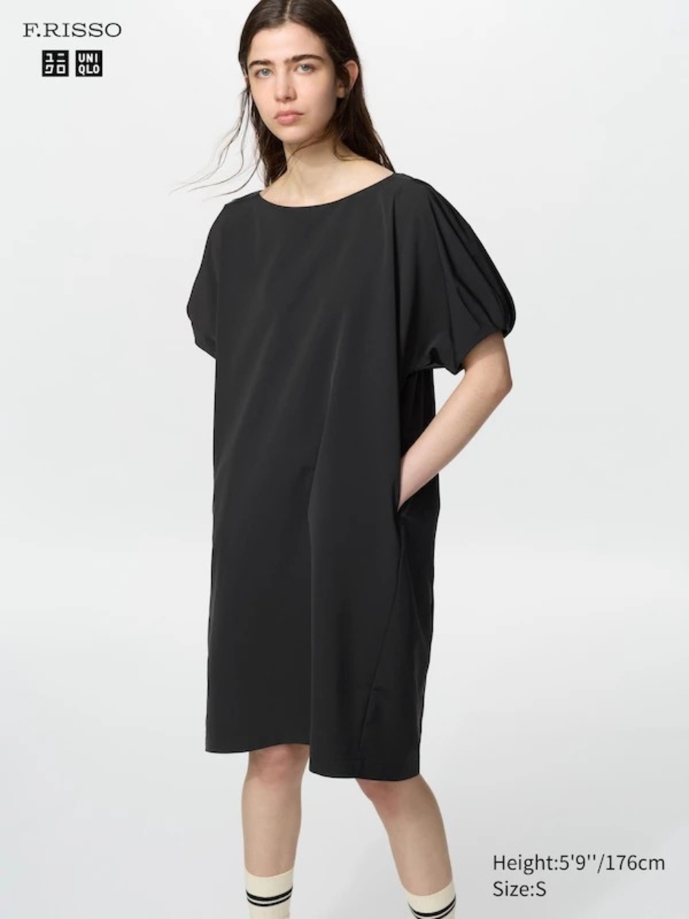 Uniqlo Black Midi Shift Dress with Puff Sleeves